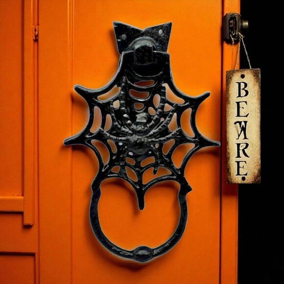 Halloween Spider Web Door Knocker Towel Holder Gothic Decor Black Cast Metal - Picture 1 of 8